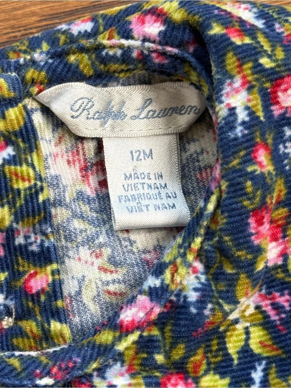 Ralph Lauren Girls Navy Calico Floral Ruffled Hem Corduroy Long Sleeve Dress 12M